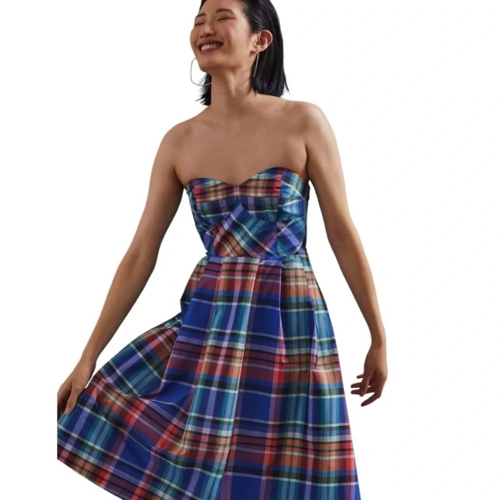 Anthropologie Maeve Plaid Dress Womens 4 Blue Fit & Flare Western Coquette Girl - Picture 7 of 8